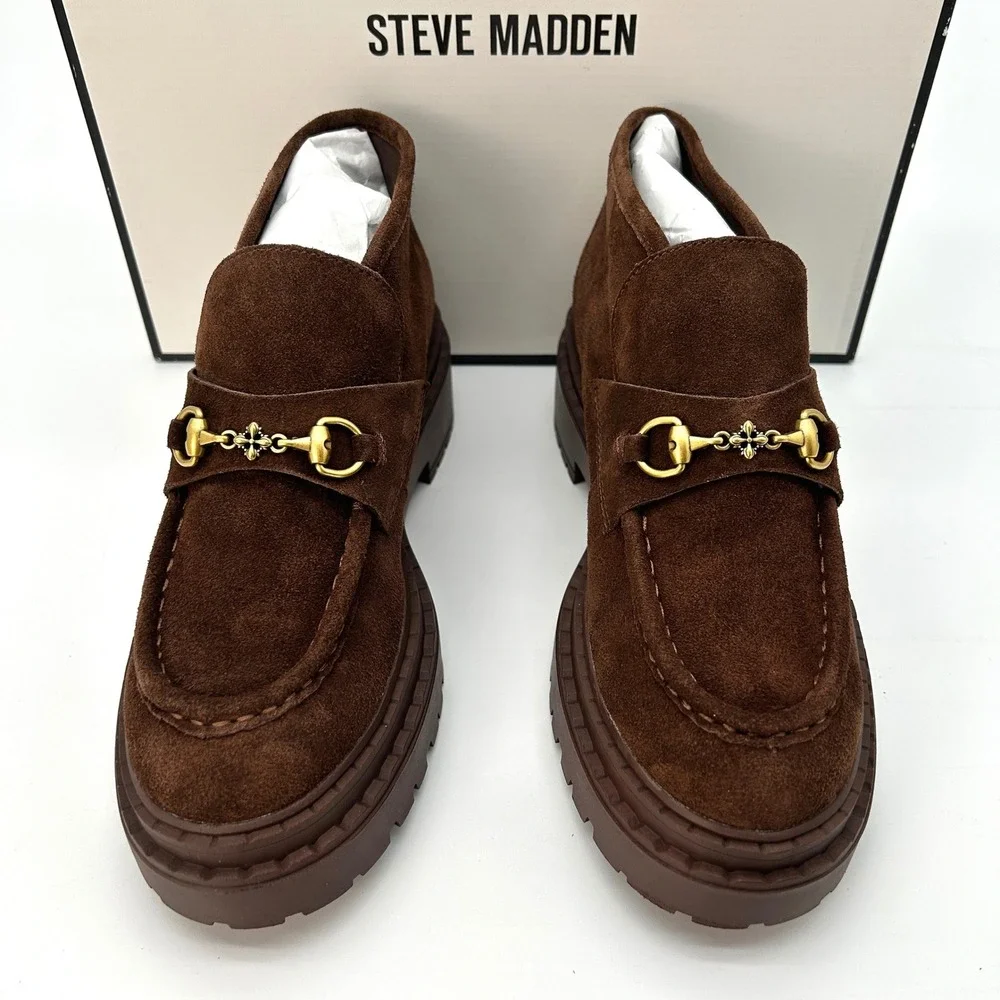 Womens Block Heeled Bootie Steve Madden Presly Sz 8 Dark Brown Suede Moc Toe NEW